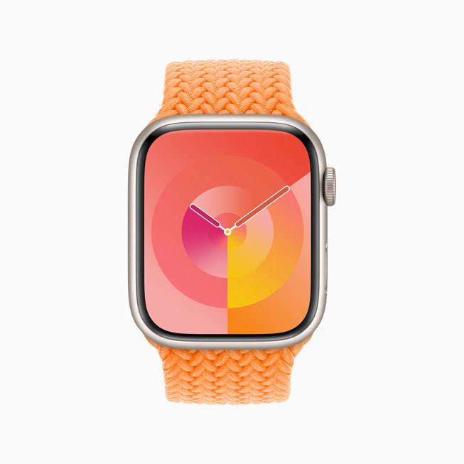 Apple Watch Series 8’de kadife çiçeği rengi yeni Palet saat kadranı gösteriliyor.