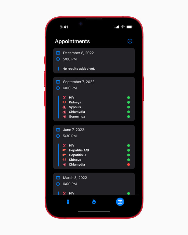 Preppy+ 앱의 Appointments 페이지를 보여주는 PRODUCT(RED) 색상의 iPhone 14.