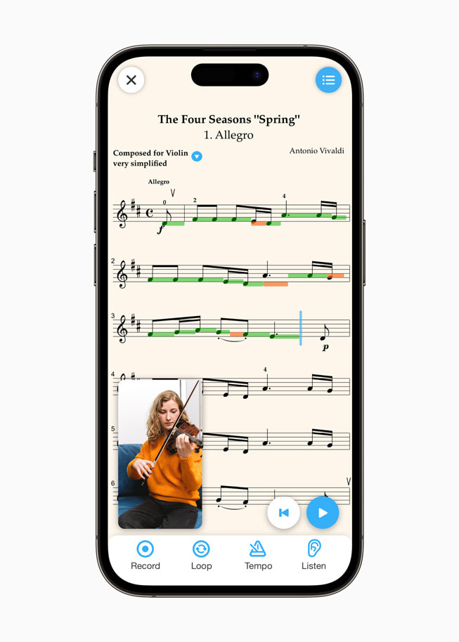 Nodeark til afspilning af De fire årstider “Foråret” vises på iPhone 14 Pro.
