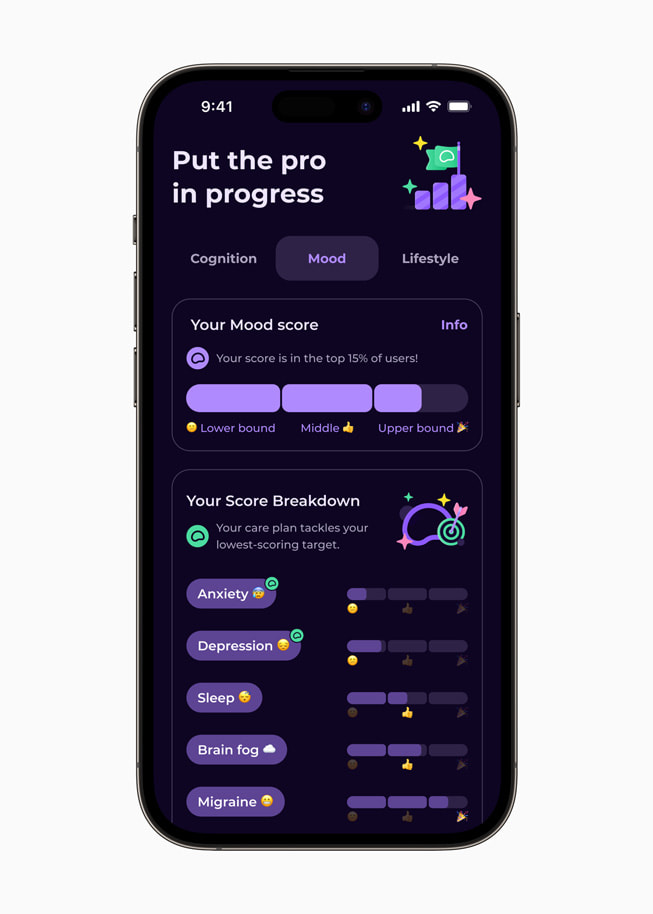 Statussiden i Mindstep Brain & Mental Health-appen vises på iPhone 14 Pro.