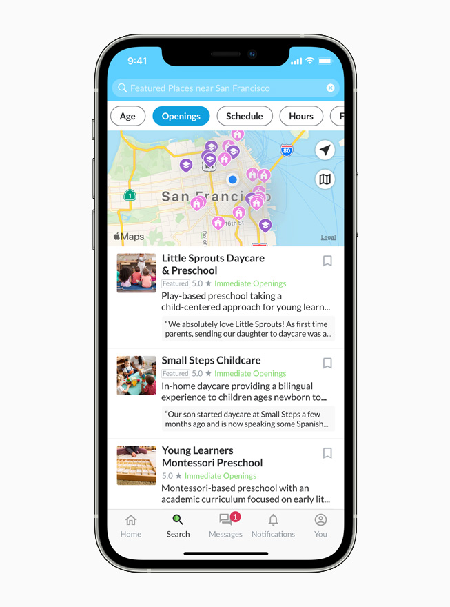 A map showing featured childcare providers in San Francisco in the Winnie app on iPhone.