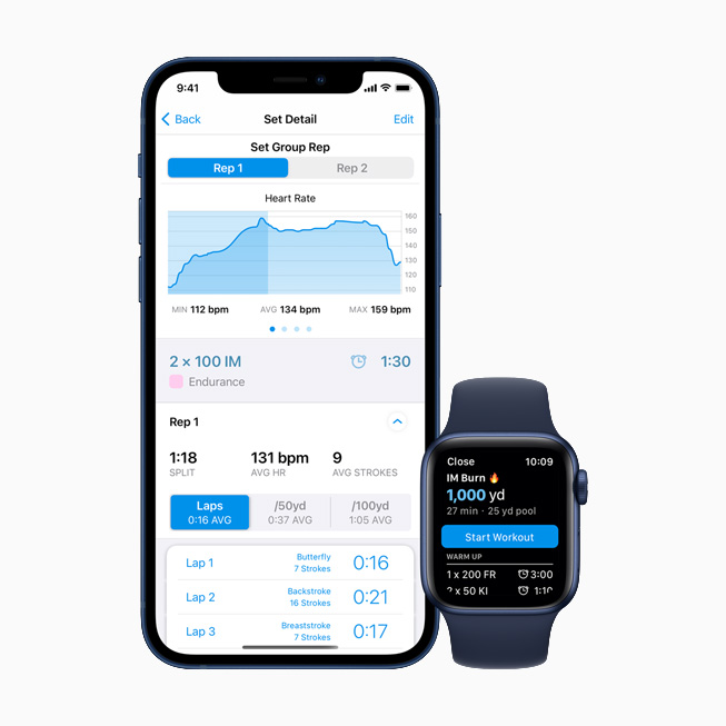 iPhone 12와 Apple Watch Series 6에 표시된 MySwimPro 앱.