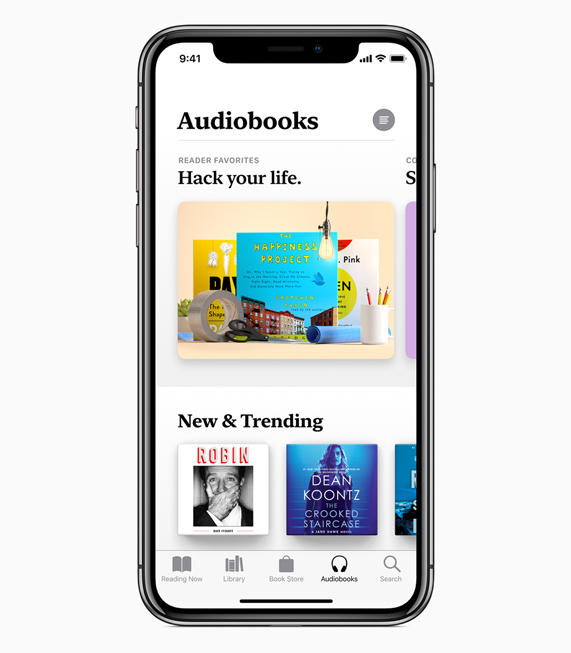 iPhone X’da Apple Books uygulamasındaki Audiobooks ekranı görüntüleniyor.