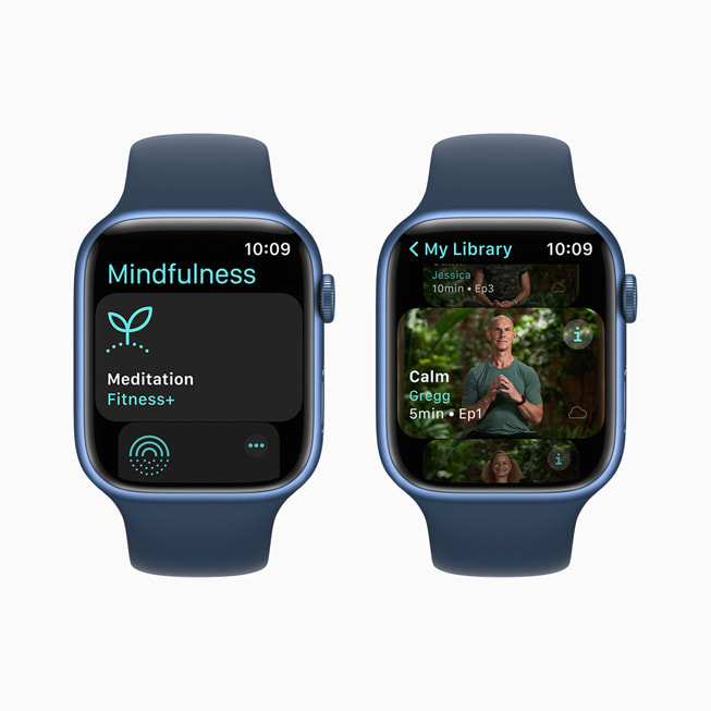 التأمل من خلال التنسيق الصوتي في تطبيق الانتباه الذهني على Apple Watch Series 7.