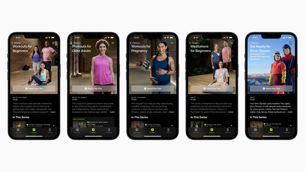 +Apple Fitness على خمسة هواتف iPhone 13 Pro تعرض برامج تمارين مصممة بشكل خاص.
