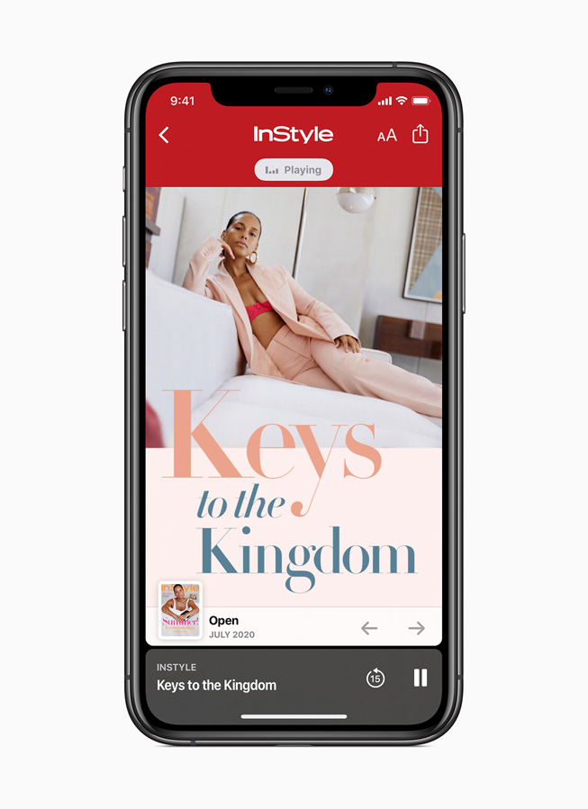 Un reportage audio Apple News+ tiré du magazine InStyle, sur iPhone 11 Pro.