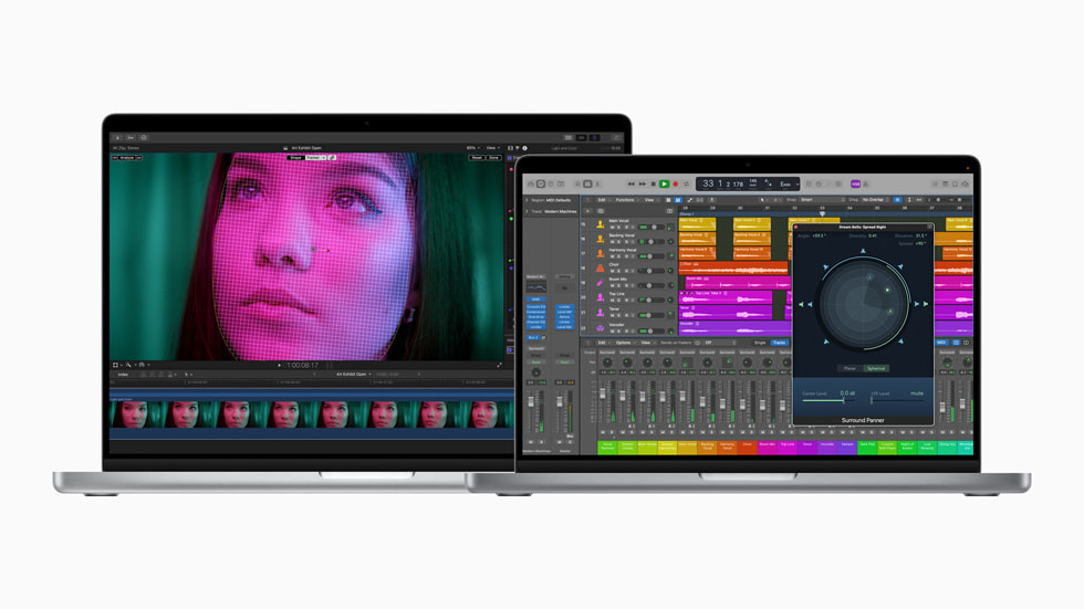 Final Cut Pro 및 Logic Pro의 업데이트된 기능을 사용 중인 M1 Pro 및 M1 Max를 탑재한 두 가지 사이즈의 MacBook Pro.