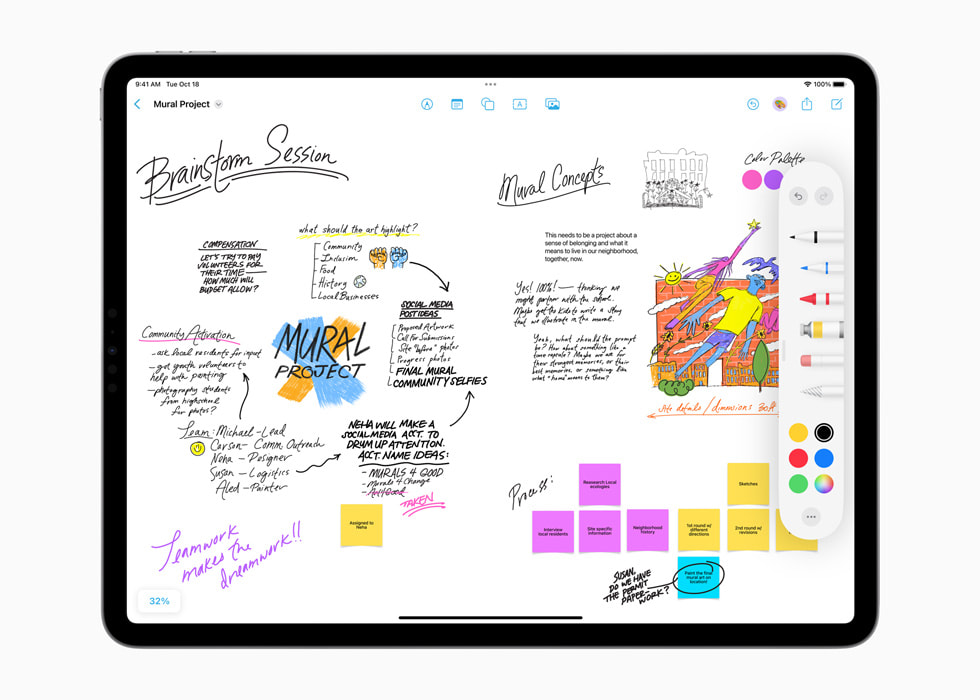 손글씨 입력 기능으로 작성한 메모와 여러 가지 그리기 도구를 갖춘 Freeform을 보여주는 iPad Pro.