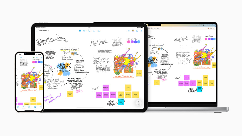 Freeform을 보여주는 iPhone 14, iPad Pro 및 MacBook Pro.