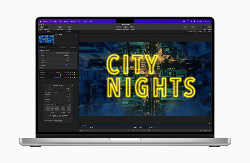 신형 MacBook Pro에서 Motion의 새로운 네온 필터를 사용하는 모습.