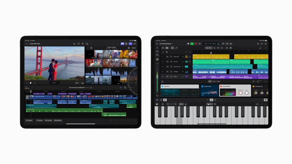 iPad용 Final Cut Pro 및 Logic Pro를 보여주는 두 대의 iPad.