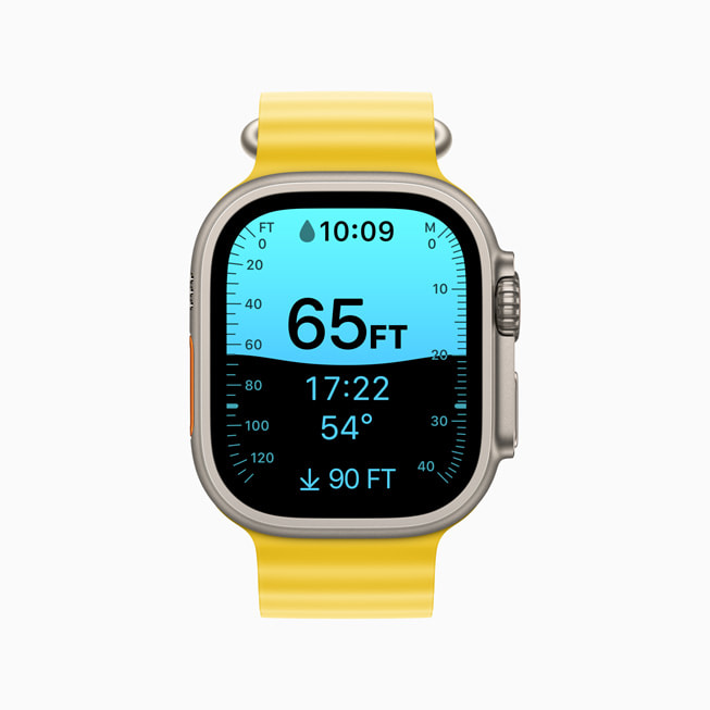Aplikacja Głębokość wyświetlana na nowym Apple Watch Ultra.