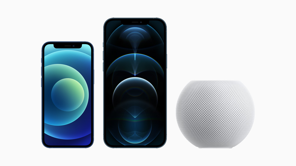 iPhone 12 mini, iPhone 12 Pro Max 그리고 HomePod mini.