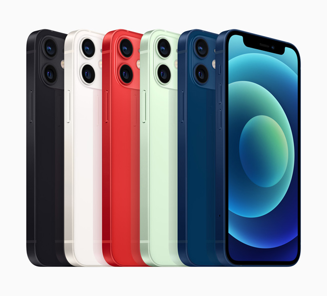 iPhone 12 mini의 여섯 가지 모델은 다양한 색상, 듀얼 카메라 시스템과 전면 화면 Super Retina HDR 디스플레이를 자랑한다. 