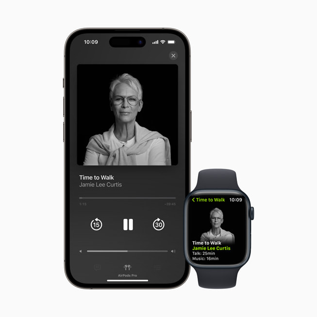 حلقة "وقت المشي" مع الممثلة جيمي لي كورتيس معروضة على iPhone وApple Watch.
