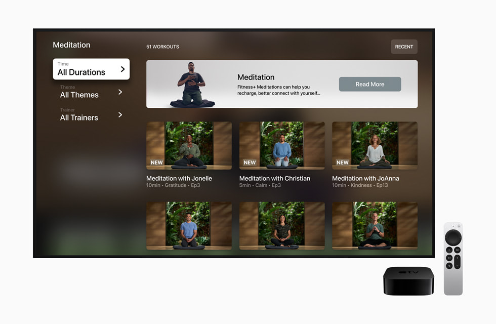 여러 명상 강좌들을 보여주는 Apple Fitness+ 화면.