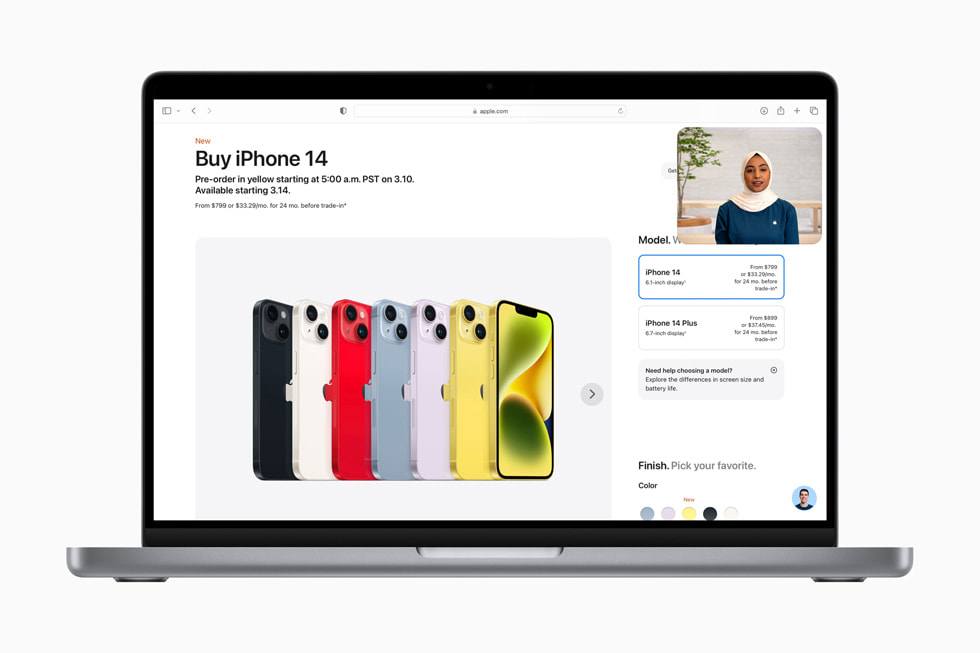 Upplevelsen Shop with a Specialist over Video visas på en sida på [apple.com] (https://yhzl.ydso.xyz). Det står Compare iPhone models och iPhone 14 Pro Max, iPhone 14 Plus och iPhone 14 visas.