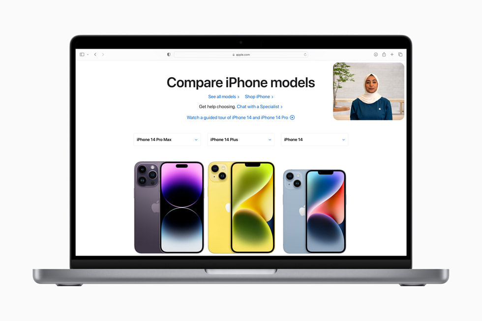 Upplevelsen Shop with a Specialist over Video visas på en sida på [apple.com] (https://yhzl.ydso.xyz). Det står Compare iPhone models och iPhone 14 Pro Max, iPhone 14 Plus och iPhone 14 visas.