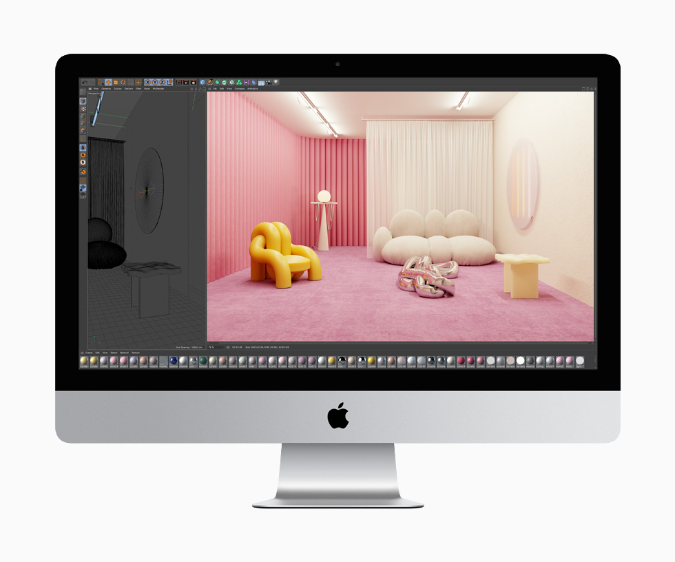 Biri mobilyalarla döşenmiş bir odanın çizimi, diğeriyse aynı odanın tam renkli görüntüsü olmak üzere Cinema 4D kullanılarak oluşturulmuş iki görüntü, 27 inç iMac’in zengin grafik özelliklerini gösteriyor. 