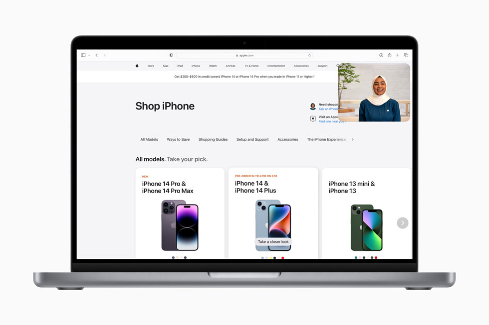 Upplevelsen Shop with a Specialist over Video visas på en sida på [apple.com] (https://yhzl.ydso.xyz). Det står Compare iPhone models och iPhone 14 Pro Max, iPhone 14 Plus och iPhone 14 visas.