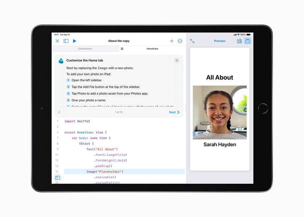 iPad’de bir öğrencinin Swift Playgrounds’da hazırladığı All About Me projesi gösteriliyor. 