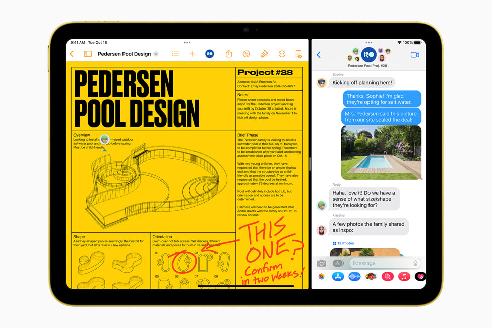 Yeni iPad’deki iPadOS 16’da Split View ve İşaretleme özellikleriyle Mesajlar uygulaması kullanılıyor.
