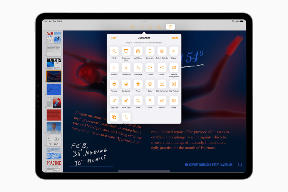 iPad Pro’daki iPadOS 16’da Pages uygulaması özelleştiriliyor.
