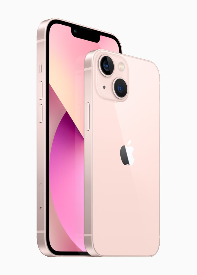 핑크 색상 iPhone 13 및 iPhone 13 mini의 앞면과 뒷면.