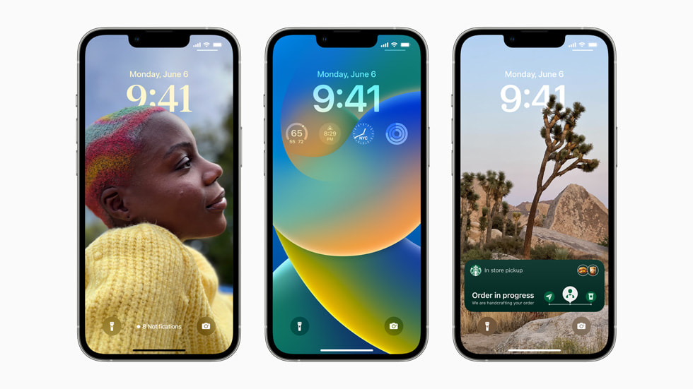 Beş iPhone ekranında iOS 16 ve yeni özellikleri gösteriliyor.