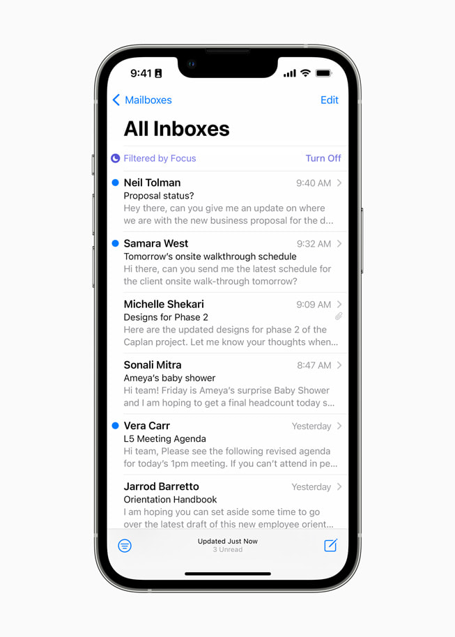 Bir kullanıcının Mail gelen kutusunda kullanıcının Odak’a göre filtre uyguladığı gösteriliyor.