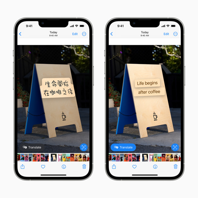 İki iPhone ekranında iOS 16’daki yeni Canlı Metin özellikleri gösteriliyor.