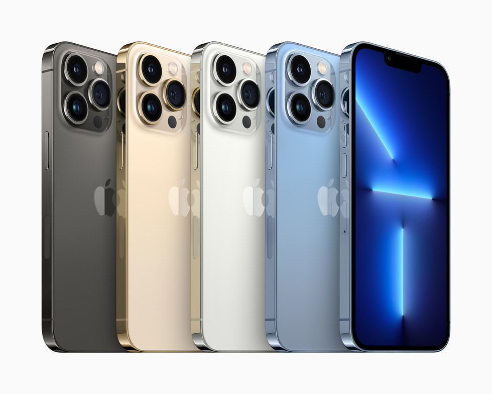 그래파이트, 골드, 실버, 시에라 블루 색상의 iPhone 13 Pro.