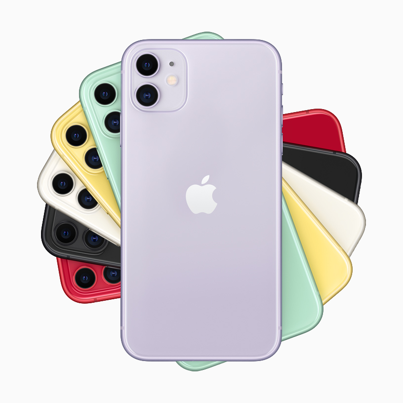 Altı renk seçeneğiyle bir grup iPhone 11.