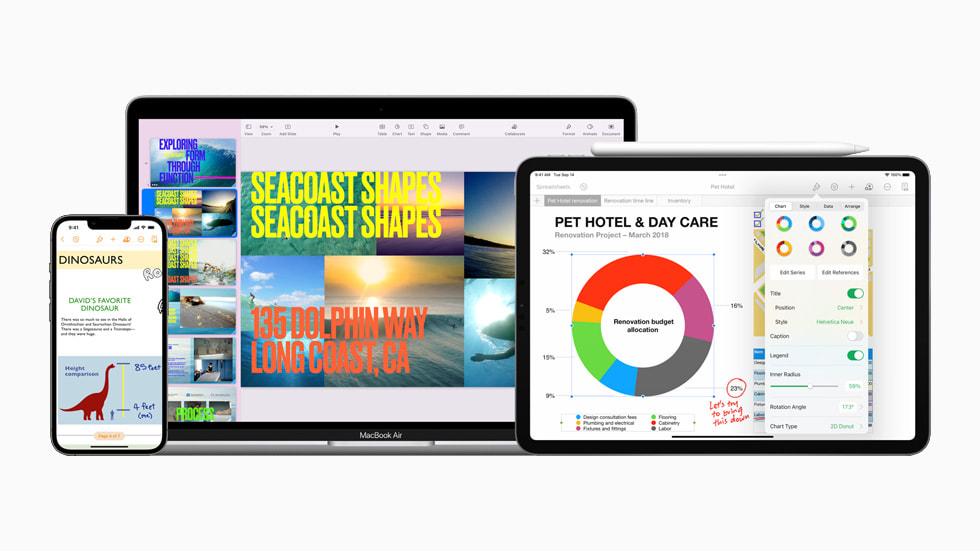 새로운 Pages를 보여주는 iPhone 13, Keynote를 보여주는 MacBook Air, Numbers를 보여주는 iPad.