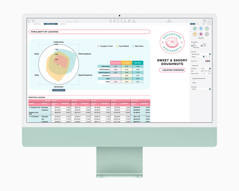 Numbers의 방사형 차트를 보여주는 MacBook Air.