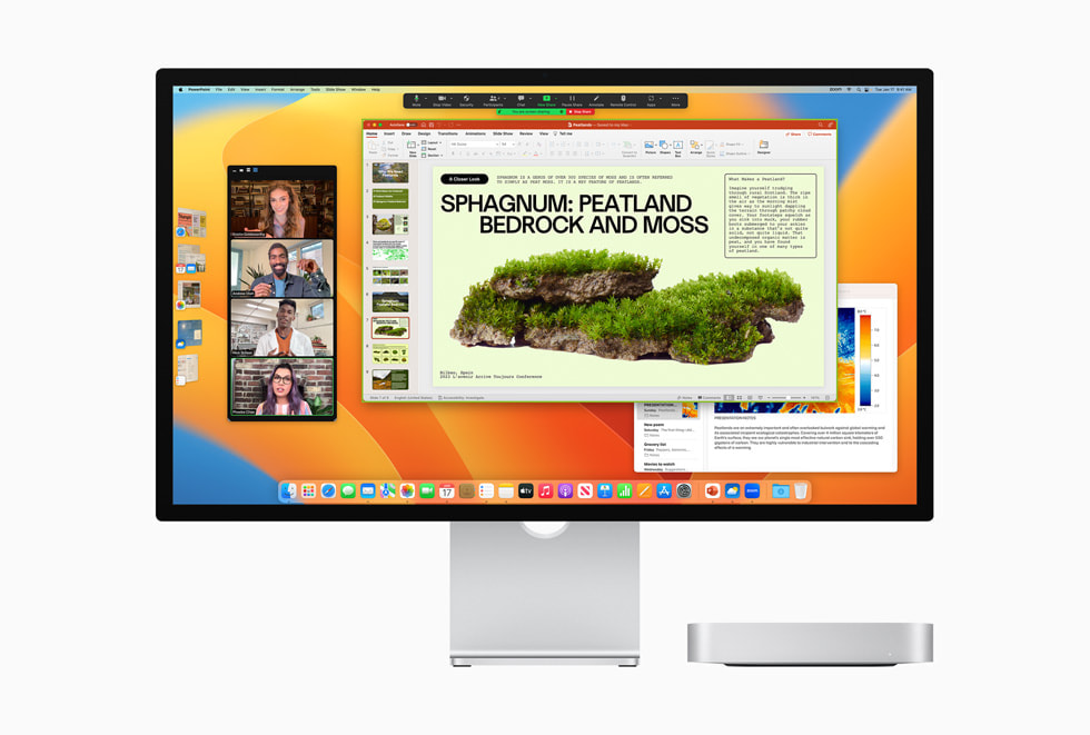 Mac mini ve Studio Display’de macOS Ventura gösteriliyor.