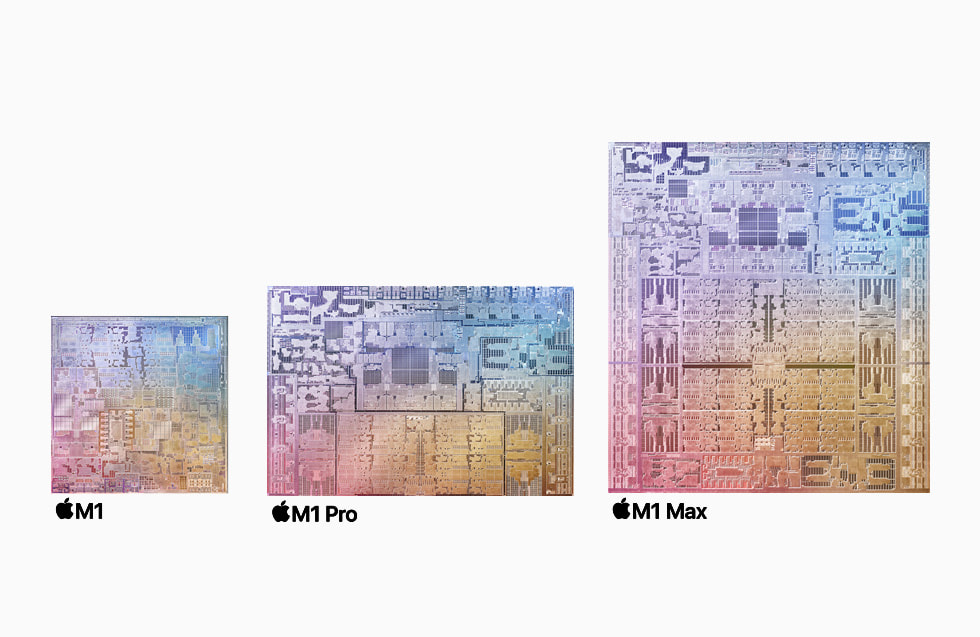 나란히 배치된 M1, M1 Pro 및 M1 Max 칩. 