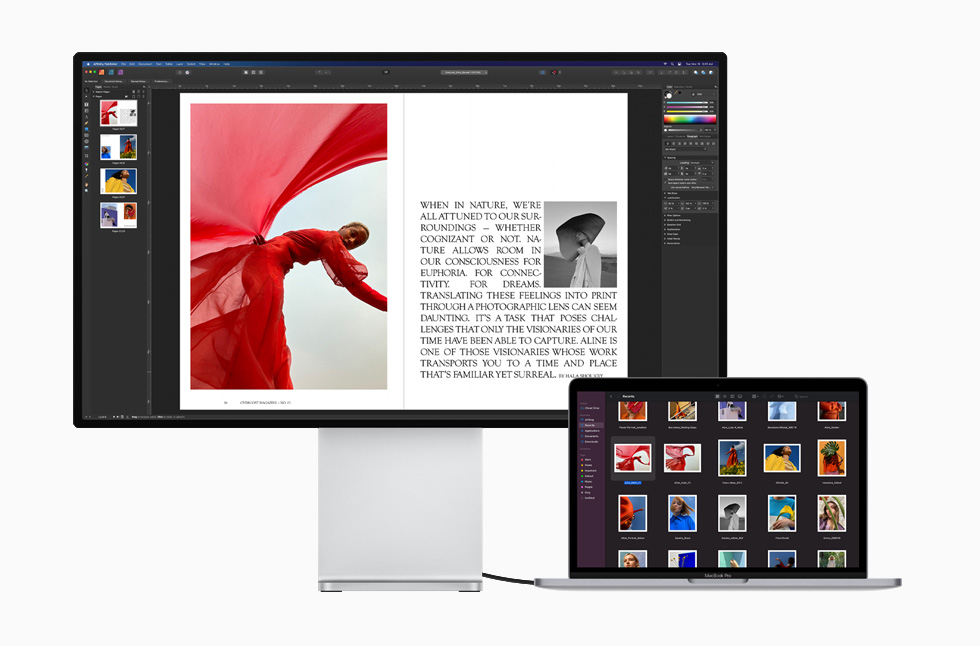 Bir Thunderbolt denetleyici, MacBook Pro’yu Pro Display XDR’a bağlıyor.