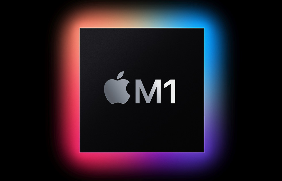 Apple logosu ve “M1” baskılı parlak siyah bir kare. 