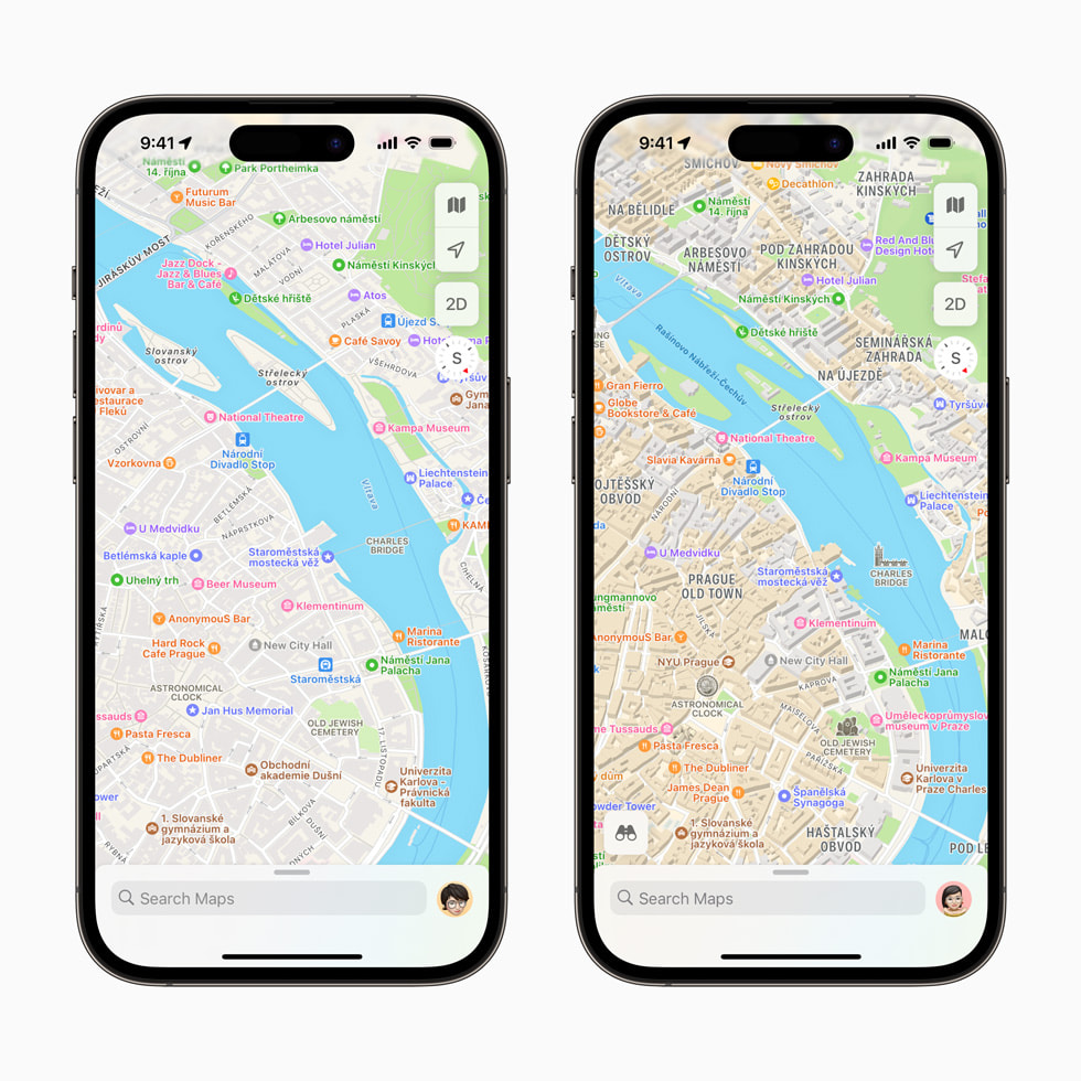 Porównanie obrazów z udoskonalonej aplikacji Mapy na iPhonie 14 Pro. Widać znacznie więcej detali niż w poprzedniej wersji mapy Czech.