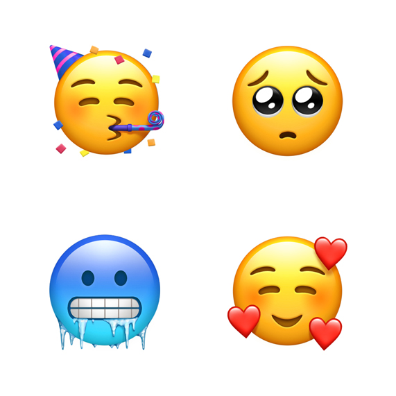 Vier Emojis im Uhrzeigersinn von oben links: Party-Smiley, bittendes Gesicht, lachendes Smiley mit Herzen und ein Smiley mit kaltem Gesichtsausdruck.