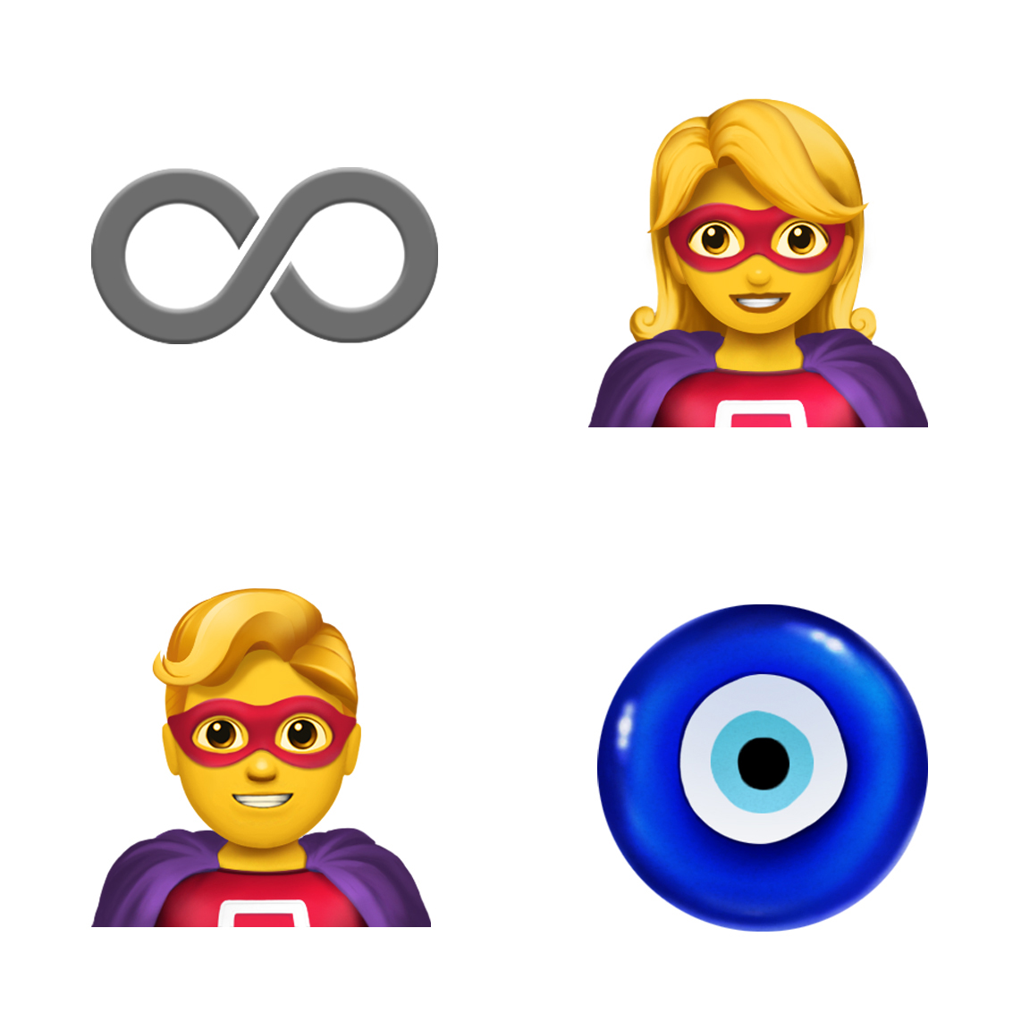 Vier Emojis im Uhrzeigersinn von oben links: Unendlichkeitszeichen, weiblicher Superheld, ein blaues, augenförmiges Nazar-Amulett sowie ein männlicher Superheld.