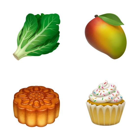 Vier Emojis im Uhrzeigersinn von oben links: grüner Salat, Mango, Cupcake und chinesischer Mondkuchen.