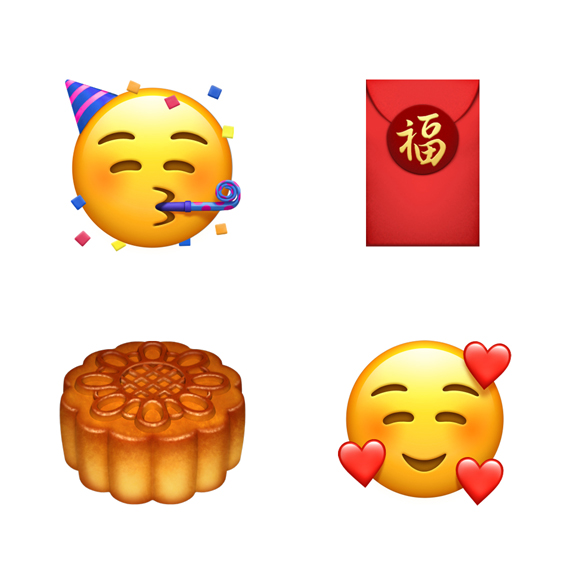 Parti yüzü emojisi, kırmızı hediye zarfı emojisi, ay pastası ve üç kalpli gülen yüz.