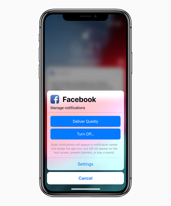 Facebook 관리 알림 옵션을 보여주는 iPhone X 화면.