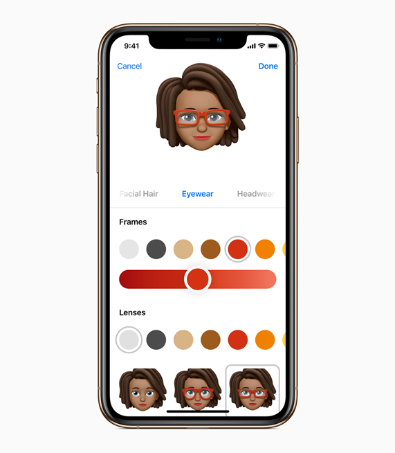 iOS 12’de sunulan yeni Memoji özelliği için özelleştirme ekranı.