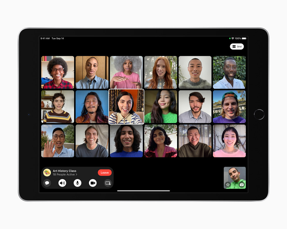 그룹 FaceTime 영상 통화를 보여주는 새로운 iPad.  