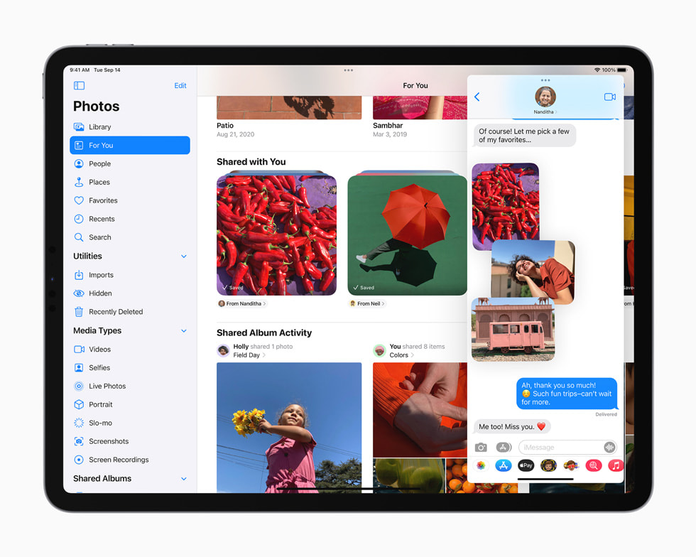 새로운 사진 앱 경험을 보여주는 iPad Pro.