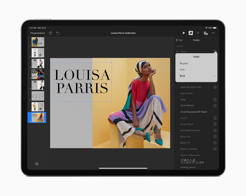 iPadOS’taki mevcut yazı tiplerini gösteren bir sunum ekranı.