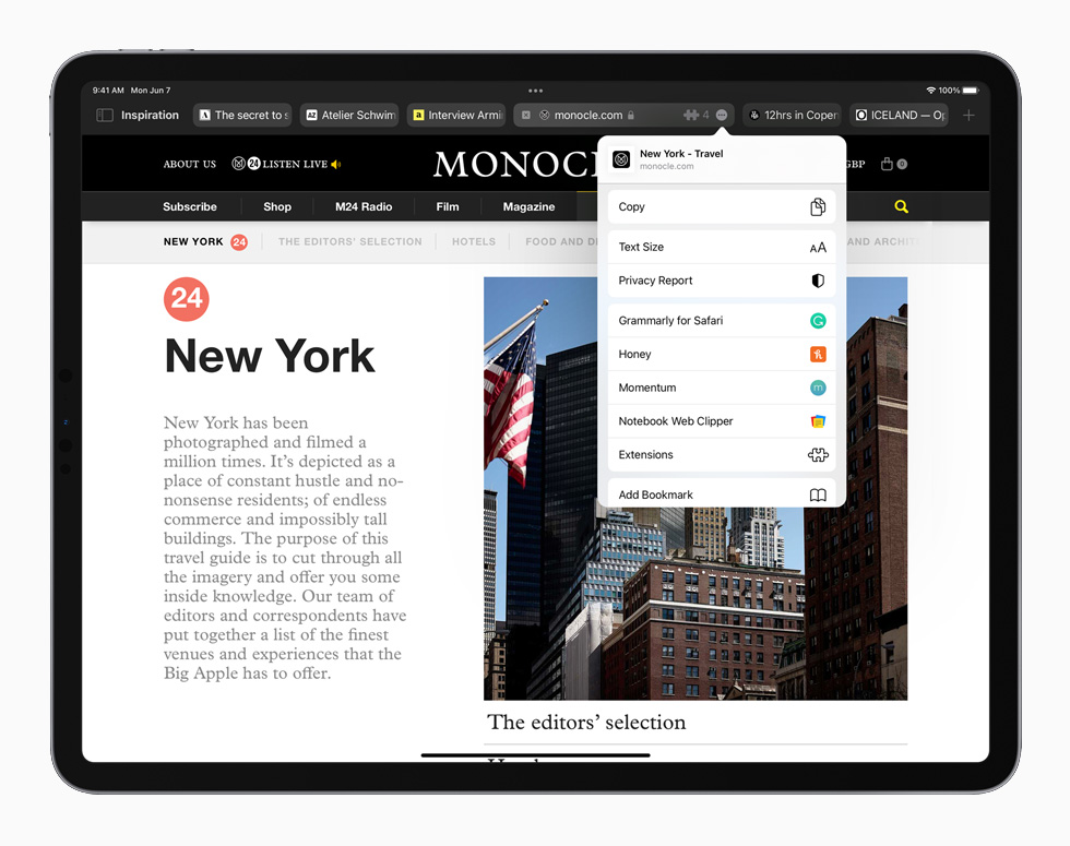 Página rediseñada de Safari en el iPad Pro con iPadOS 15.